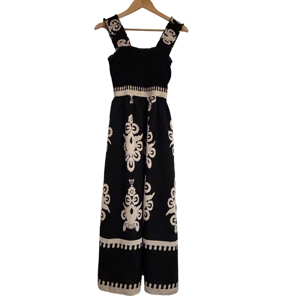 PrettyGarden Black White Damask Smocked Maxi Dress Sleeveless Pockets Small